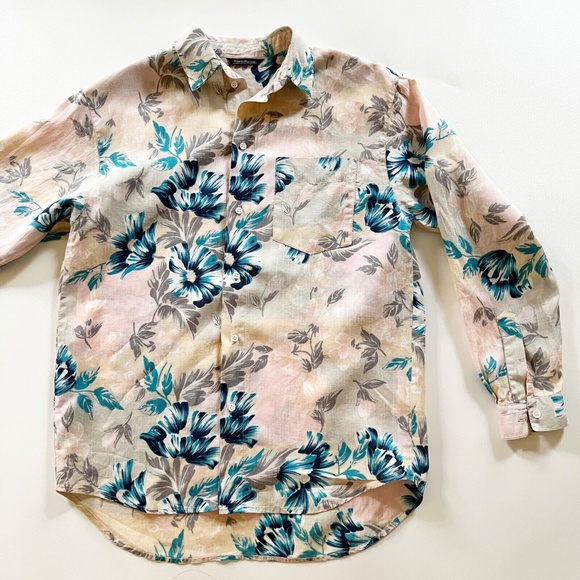 Vtg Guess Georges Marciano Hawaiian Floral L/S Shirt Ramie Peach Pink Teal Men L - Picture 1 of 12